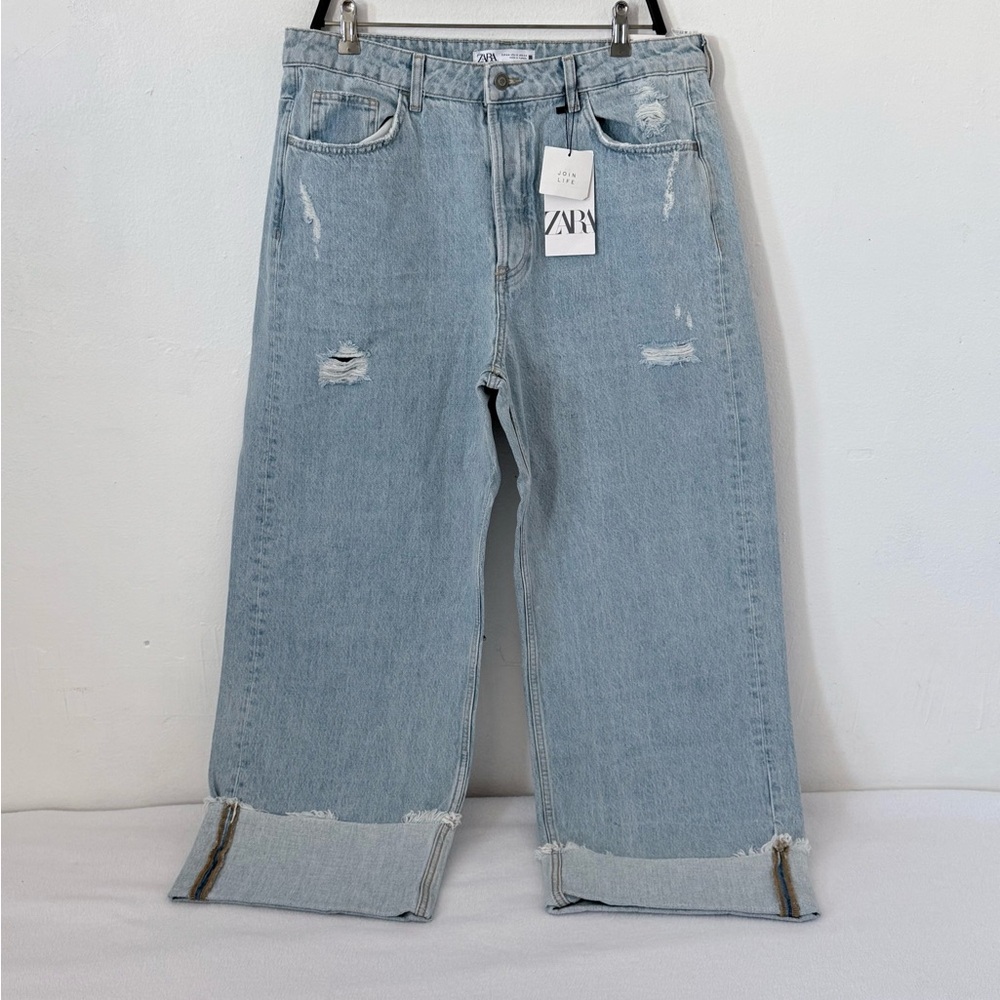 ZARA Cuffed Hem Wide Leg Hard Denim Jeans - Picture 5 of 14
